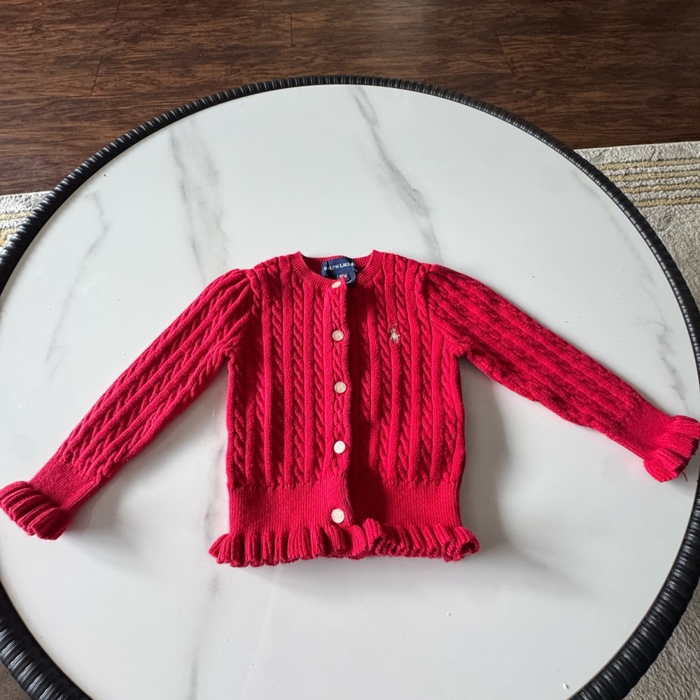 Ralph Lauren Girls Bright Red Ruffle Hem Cardigan SIZE 18M